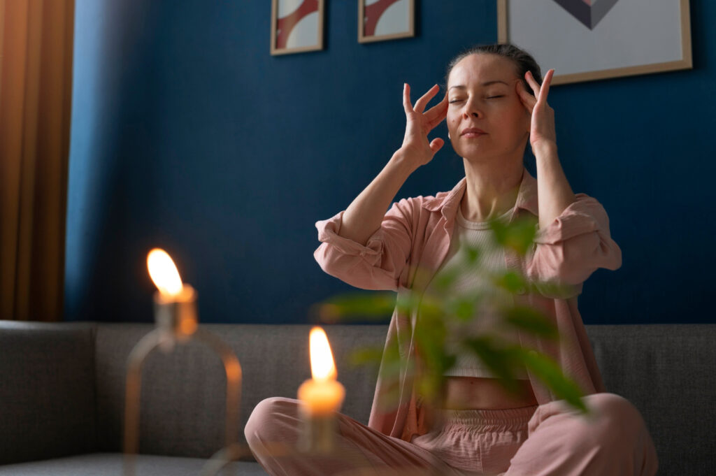 Mulher meditando cuidando da saúde mental